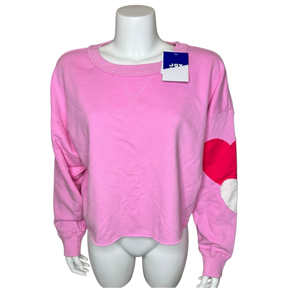 JoyLab Valentine’s Patchwork Hearts Sweatshirt S Cropped Pullover Crew Pink NWT - Picture 7 of 9